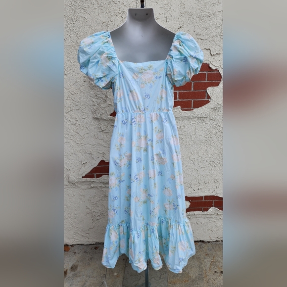10 LoveShackFancy Estelle Floral Blue Puff Short Sleeve Midi Dress Target - Picture 8 of 16